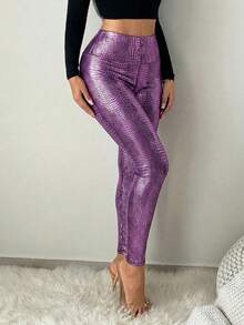 SHEIN SXY 女士时尚鳄鱼纹印花高腰紧身裤，适合夜店派对穿着 - 淡紫色 - 查看 4