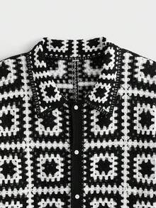 EASEVO Plus Size Men's Front Button Allover Print Casual Short Sleeve Cardigan - Black and White - View 3