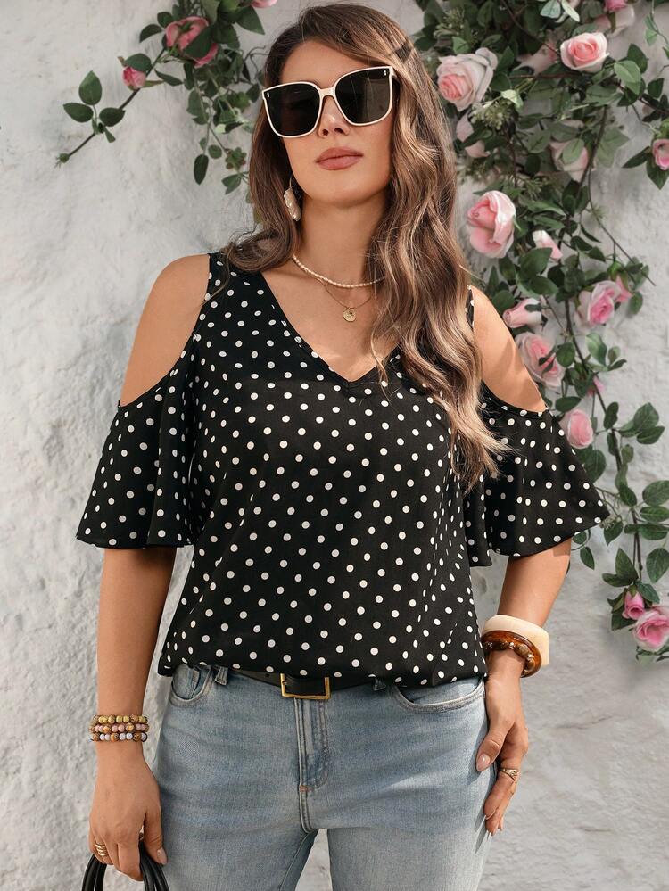 Plus Size Women's V-Neck Polka Dot Print Casual Shirt, Summer/Summer/Vacation/Elegant, Summer Tops, Elegant Tops For Women,Polka Dot Top ,Casual Outfit For Women Cold Shoulder Blouse Polkadot Top Black Summer Top Summer Casual Tops Cute Blouses For Women,Polka Dot Tops Black And White Polka Dot Top Cold Shoulder Tops For Women Polka Dots Top Polka Dot Cold Shoulder Top Boutique Tops For Women Blouse For Women Casual Elegant Casual Tops For Women Elegant Polka Dot Tops For Women Trending Tops For Women Latest Tops For Women New Arrivals Women's Tops For Summer Women's Tops And Blouses