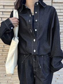 FRIFUL 女士纯色前扣长袖上衣和斜插口袋长牛仔裤套装 - 藍色 - 查看 4
