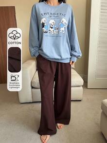 DAZY Conjunto de pijama holgado con estampado de dibujos animados para mujer - Azul - Ver 1