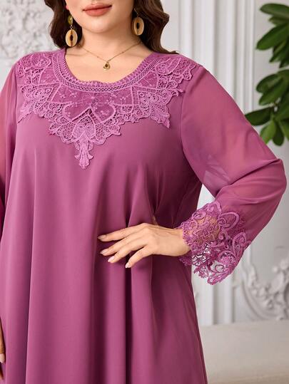 Al Najma Vestido elegante, romántico y minimalista de estilo árabe para mujer de talla grande, con mangas largas, de gasa holgada y con bordados y aplicaciones