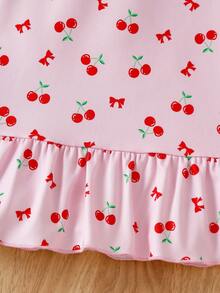 SHEIN Baby Girls' Heart Pattern Ruffle Hem Cap Sleeve Dress, Summer Cute Infant Girls' Sleeveless Dress - Pink - View 6