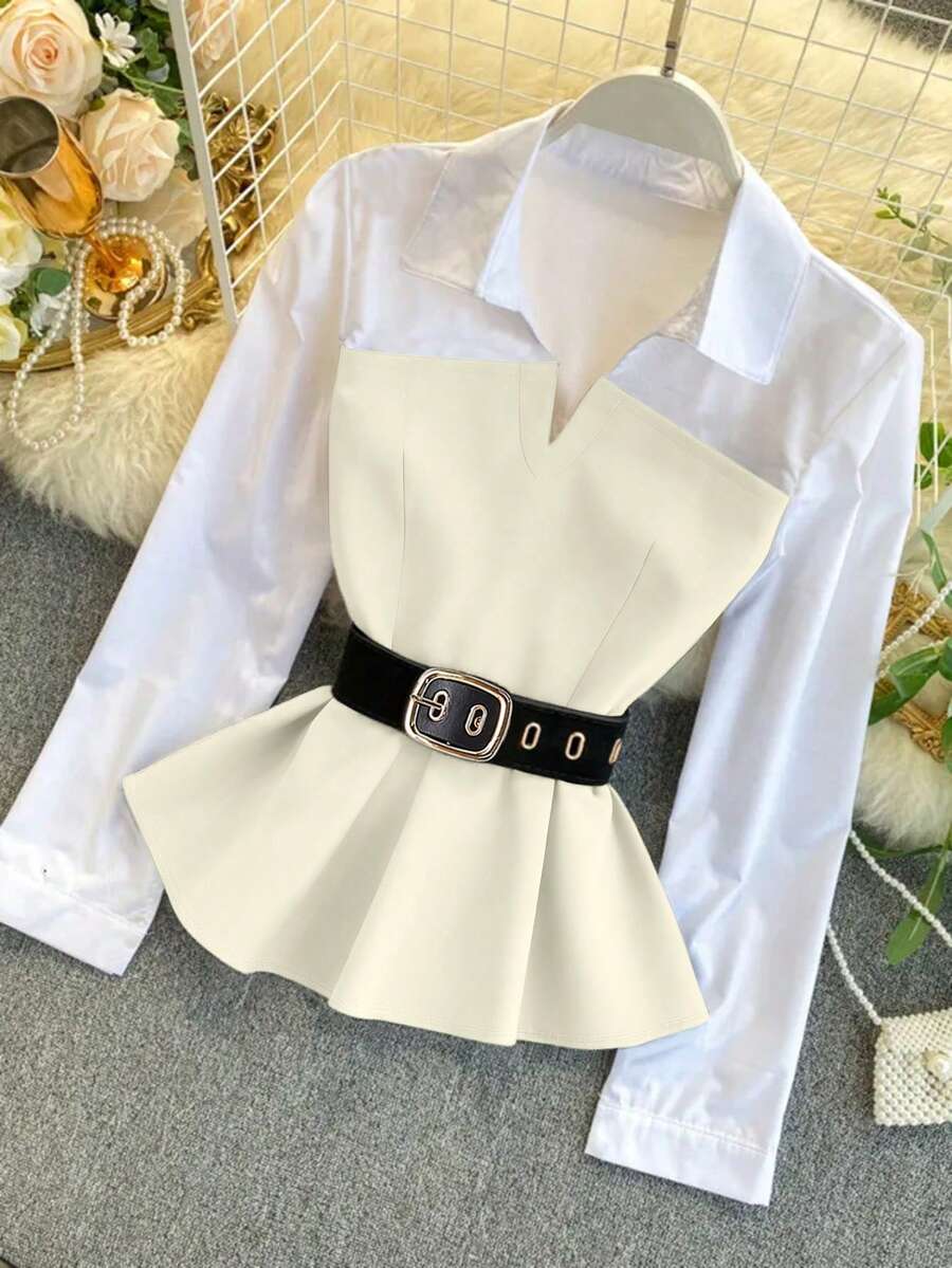 Franclia Áo sơ mi nữ thời trang thường ngày phối màu, thắt lưng. - Màu be - Xem 1