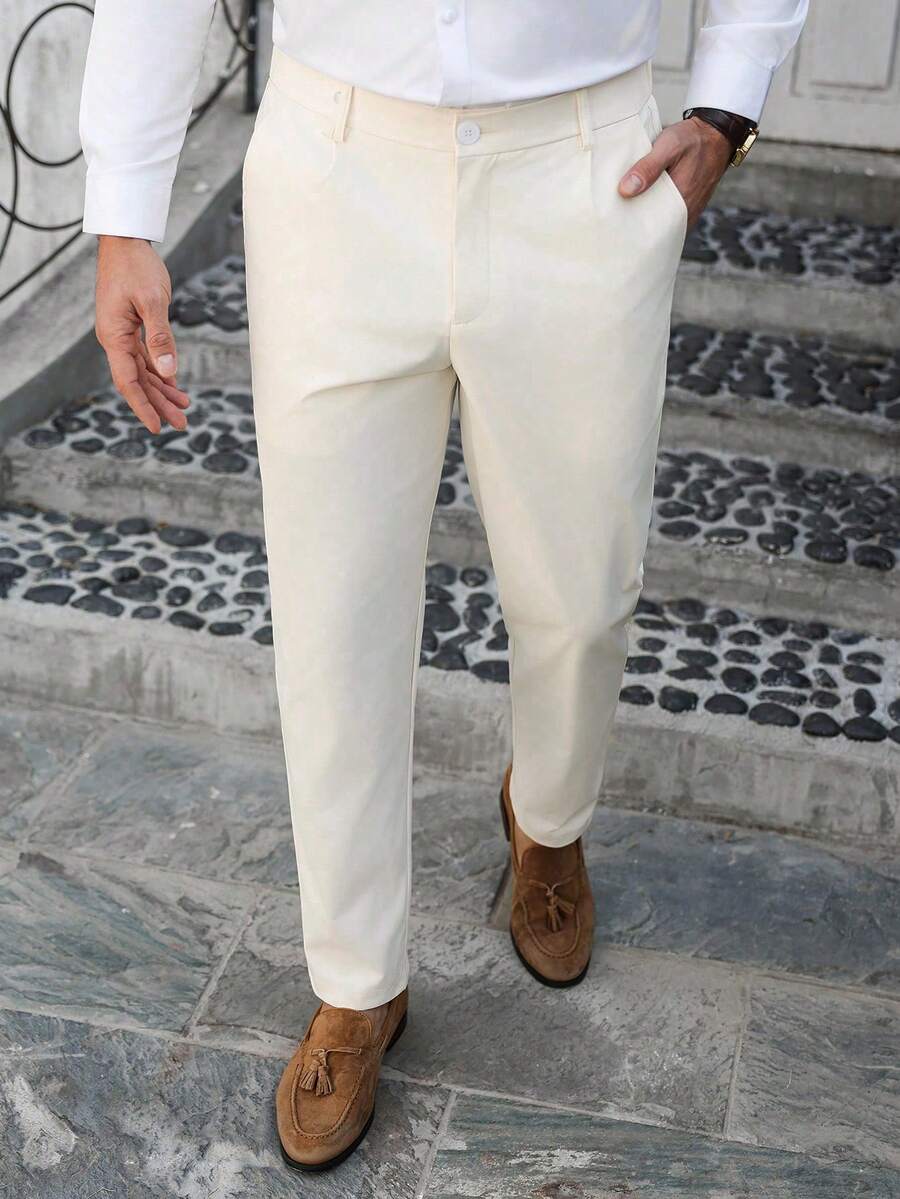 Manfinity Mode Men's Cream White Linen Pants,Summer Business Casual Tapered Suit Pants For Wedding,Formal Ceremony,Daily Office,Commuting & Outings - Beige - View 1