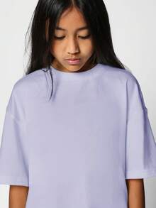 SUMWON Oversized Crew Neck Boxy Fit Short Sleeve Casual Cotton Blend T-Shirt For Tween Girls Spring Summer Everyday Wear Vacation - Lilac Purple - View 3