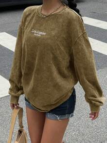 Muchica 卡其色女士字母印花圆领休闲长袖T恤 - 卡其色 - 查看 4