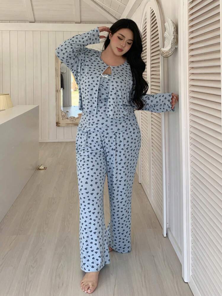 Dazy Plus 3pcs Plus Size Set: Heart Print Ruffle Trim Camisole, Long Sleeve Pajama Top And Loose Pants