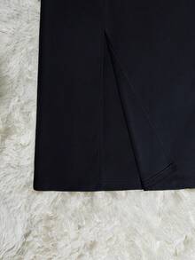 Franclia 纯色极简灯芯绒口袋开衩半身裙，配腰带 - 黑色 - 查看 5