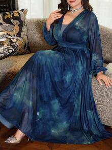 Modelyn Elegant Casual Mesh Patchwork Round Neck Pullover Knitted Textured Pleated Drape Plus Size Women Long Dress, Spring/Summer - Multicolor - View 2