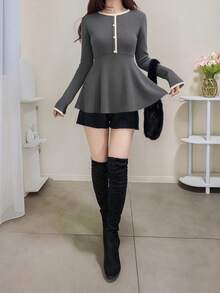 FRIFUL Women's Contrast Color Minimalist Crew Neck Long Sleeve Sweater, Everyday Wear - Dark Grey - View 2