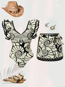 Swim Oasis 2件套女士螺旋贝壳印花荷叶袖系带露背连体泳衣+裙罩衫沙滩泳装套装，海滩度假 - 黑與白 - 查看 1