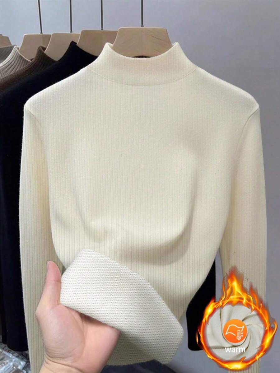 Franclia Women's Solid Color Minimalist Turtleneck Long Sleeve Warm Top - Apricot - View 1