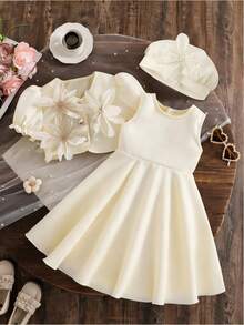 SHEIN 3pcs Baby Girl Sweet Cute Fashion Party 3D Floral Decor Bubble Short Sleeve Cropped Jacket And Sleeveless Waist Cinched Dress Set With Hat - Apricot - View 1