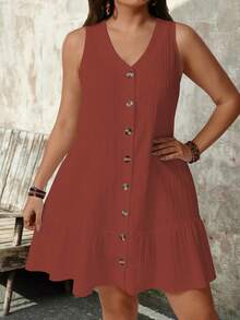 SHEIN PETITE Vestido de tela texturizada con cuello en V sin mangas para tallas grandes - Rojo - Ver 3