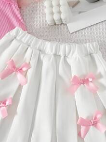 Genkimix Kids 2件套女童罗纹针织纯色无袖荷叶边下摆背心和迷你裙套装，适合休闲、度假、运动、夏季穿着 - 粉色 - 查看 6