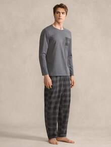 EverLounge Men's Plaid Print Long Sleeve Top And Pants Pajama Set, Spring/Autumn - Dark Grey - View 4