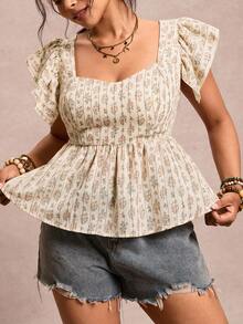 Freevana Plus Size Women's Vacation Ditsy Floral Sweetheart Collar Ruffle Sleeve Blouse - Apricot - View 4
