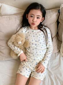 DAZY Young Girl Ditsy Floral Round Neck Long Sleeve Bow Decor Long Sleeve Top And Shorts Pajama Set - Beige - View 5
