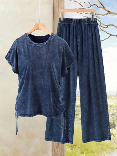 EMERY ROSE Mature Denim 大码女式休闲度假通勤蝙蝠袖荷叶边牛仔上衣和阔腿牛仔裤两件套，春夏秋季