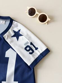 Playful Pals 2pcs/Set Toddler Boys' Summer Casual Retro Loose Sports V-Neck 91 Number Letter Print Color Block Short Sleeve Top & Elastic Waist Shorts Set,Soft - Royal Blue - View 8