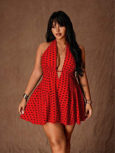 Rustia Plus Size Women's Fashionable Polka Dot Halter Tie Sexy A-Line Mini Dress