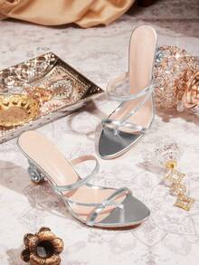 CUCCOO TILAWA Zapatos de mujer clásicos y sencillos, sandalias de tacón alto de moda con combinación de correa, gran rhinestone brillante, sandalias de tacón alto heterosexuales para citas, tardes de té, banquetes, fiestas y uso sexy - Plateado - Ver 4