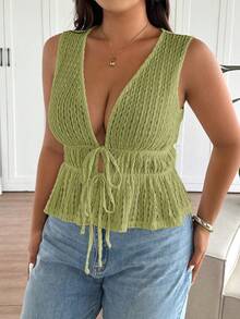 Lounesse Plus Size Women's Summer Sexy Beach Vacation Style Solid Color Textured Fabric Deep V-Neck Tie Front Camisole, Summer Tops - Green - View 5