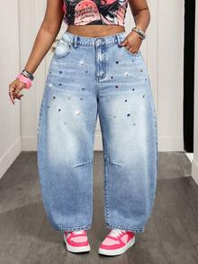 Slaydiva Quần jeans ống rộng dáng suông thoải mái, cỡ lớn, thời trang, đính đá quý nhiều màu sắc. - Rửa nhẹ - Xem 1