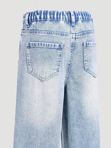 SHEIN Sparklyn Quần jeans ống đứng dáng rộng thoải mái màu xanh nhạt phối chỉ vàng thời trang cho bé gái, thích hợp cho các hoạt động thường ngày mùa xuân, thu, đông và ngoài trời. - Rửa nhẹ - Xem 4