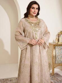 Al Najma Plus Size Women Pleated Floral Tassel Design Elegant Casual Party Holiday Flare Sleeve Dress - Beige - View 7