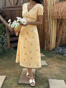 Livesso Spring & Summer Yellow Floral All-Over Print Fitted Midi Dress, Casual Beach Vacation Vibe, V-Neck Lace Patchwork Design - Yellow - View 8
