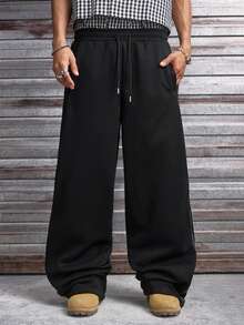 AXEPEAK Celana Jogging Kasual Sehari-hari dengan Tali Serut Longgar dan Motif Patchwork. - Hitam - View 3