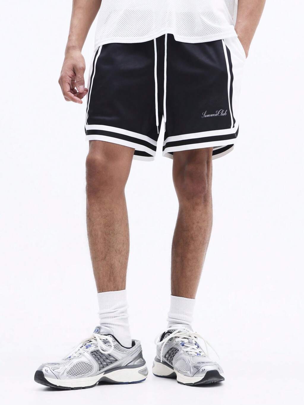 SUMWON Summer Basketball Shorts With White Contrast Trim And Drawstring Waist Casual Sports Style Elastic Hem Relaxed Fit