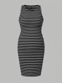 Modmama Maternity Solid Color + Striped Print Fitted Sleeveless Dress - Black - View 5