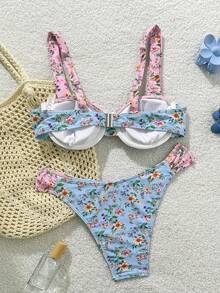 Swim Mod 女士泳装套装，粉蓝碎花图案，钢圈款，时尚休闲度假装，甜美可爱 - 彩色 - 查看 5