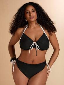 SHEIN BAE Plus Size Women's Summer Beach Color Block Halter Tie Sexy Bikini Swimwear Set Beach Outfits For Women - Black and White - View 4