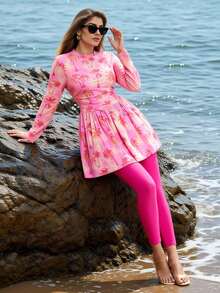 Swim Shayni Bộ đồ bơi Burkini hai mảnh cỡ lớn: áo dài tay in họa tiết toàn thân xếp ly và quần màu trơn. - Nhiều màu - Xem 1
