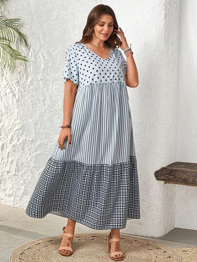 EMERY ROSE Plus Size Women Casual V-Neck Polka Dot & Striped Print Dress Polka Dot Dress Women Boho Summer Dress Women Summer Outfit For Women Beach Vacation Outfits, Summer Dresses Picnic Dress For Woman