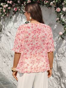 Miaspire Plus Size V-Neck Raglan Short Sleeve Pink Allover Print Front Button Loose Shirt,Summer Boho Holiday Tea Party Elegant Floral Blouses For Women Top - Multicolor - View 3
