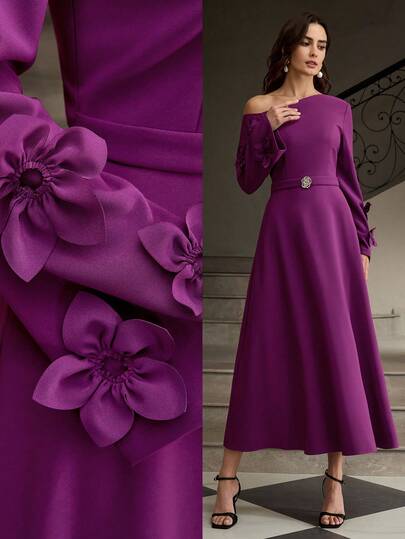 ZEYLAH Vestido midi elegante con flores 3D para mujer