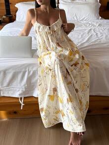 DAZY Vacation Style Abstract Graffiti Print Lace Trim Spaghetti Strap Long Women Nightgown - Apricot - View 11