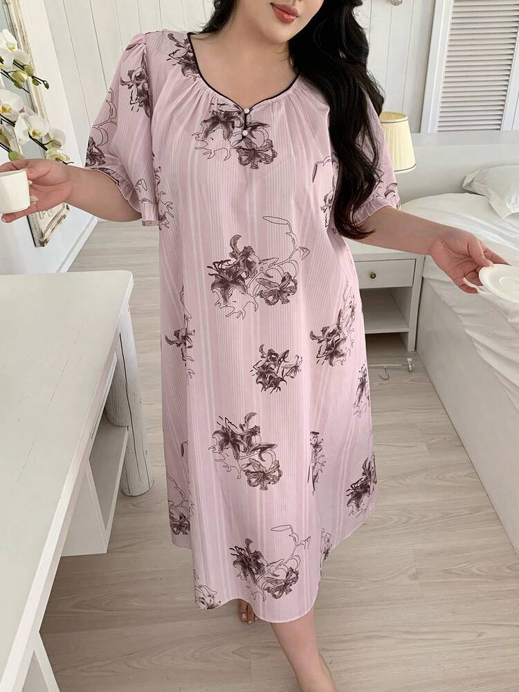 Dazy Plus Plus Size Floral Print V-Neck Elegant Short Sleeve Nightgown