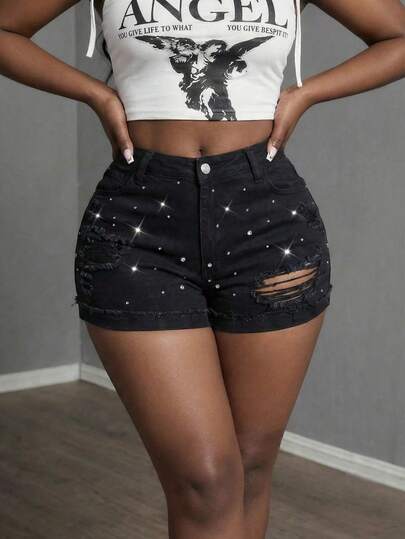 Slaydiva Pantalones cortos de mezclilla negra con adornos de strass para mujer de talla grande, pantalones cortos de estilo cool, pantalones cortos de festival, pantalones cortos calientes para fiesta