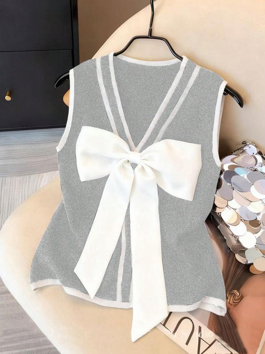 SHEIN 女士撞色滚边V领无袖蝴蝶结装饰休闲背心,夏季 - 灰色 - 查看 1