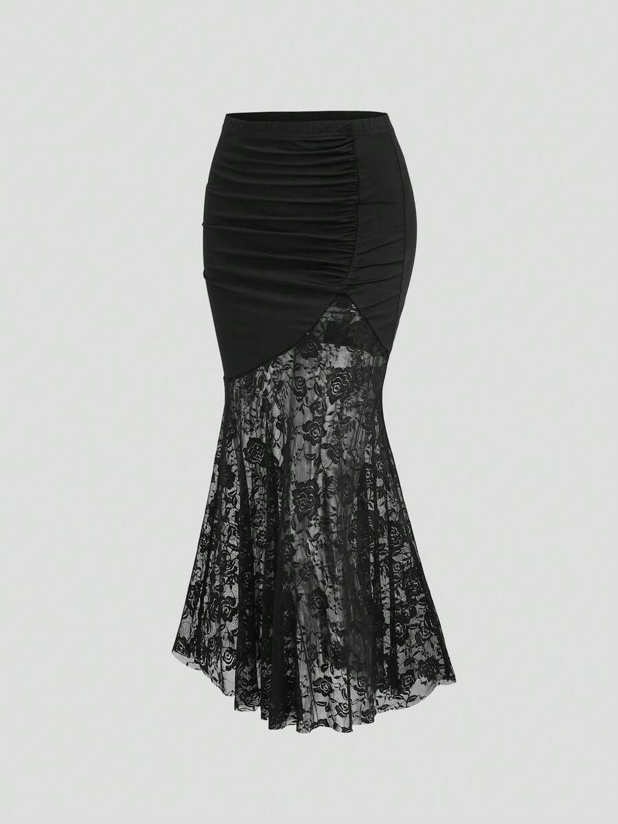 Sweetra Sexy High Waist Slimming Lace Patchwork Fishtail Bodycon Skirt, Spring/Summer Women - Black - View 1