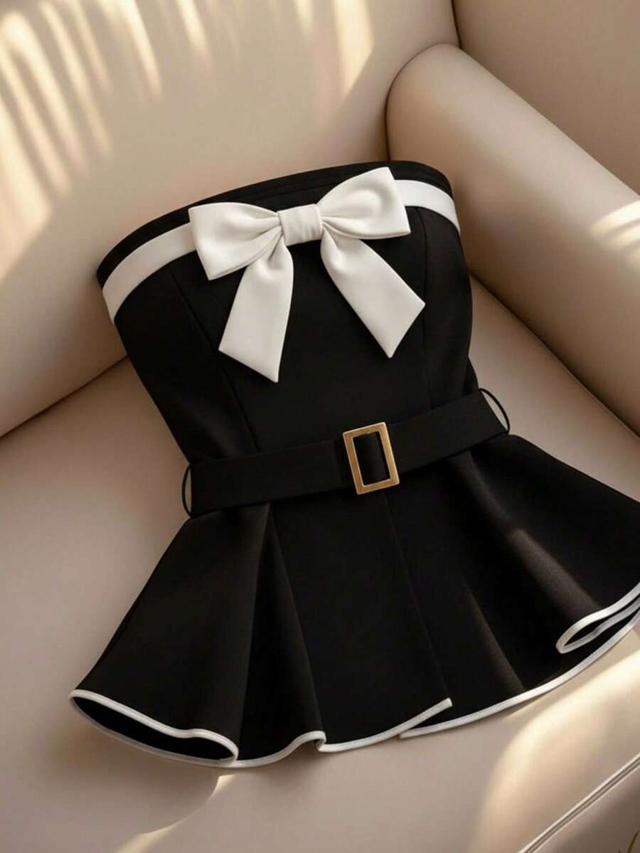 Franclia 女士白色黑色蝴蝶结前系带裹腰喇叭下摆休闲衬衫，适合日常穿着、通勤、下午茶和约会。 - 彩色 - 查看 1