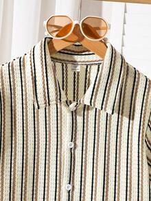 Mirajuku Camisa de cuello con textura de gofre y rayas para niño preadolescente, tela cómoda adecuada para uso diario, ir y venir, salidas casuales, viajes y vacaciones. Se puede combinar con pantalones cortos para un look sencillo, limpio y de moda. - Albaricoque - Ver 7