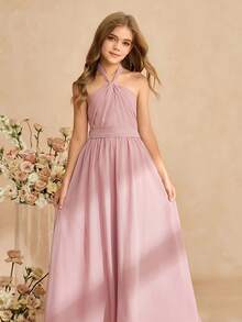 Đầm chiffon không tay thanh lịch dành cho bé gái, thích hợp làm phù dâu, dự đám cưới, dạ hội, tiệc sinh nhật, tiệc chiêu đãi. - Hồng - Xem 6