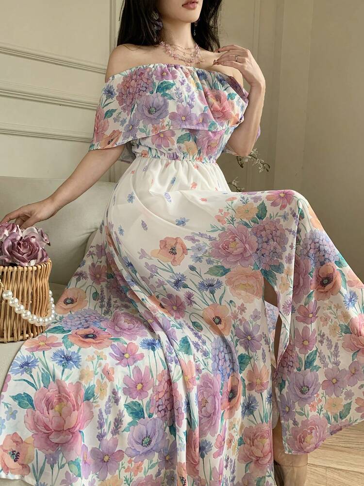 Off-Shoulder Ruffle Hem Dress, Women's New Waist-Cinching Slimming Floral Chiffon Dress, Elegant Vacation Dress Summer Boho